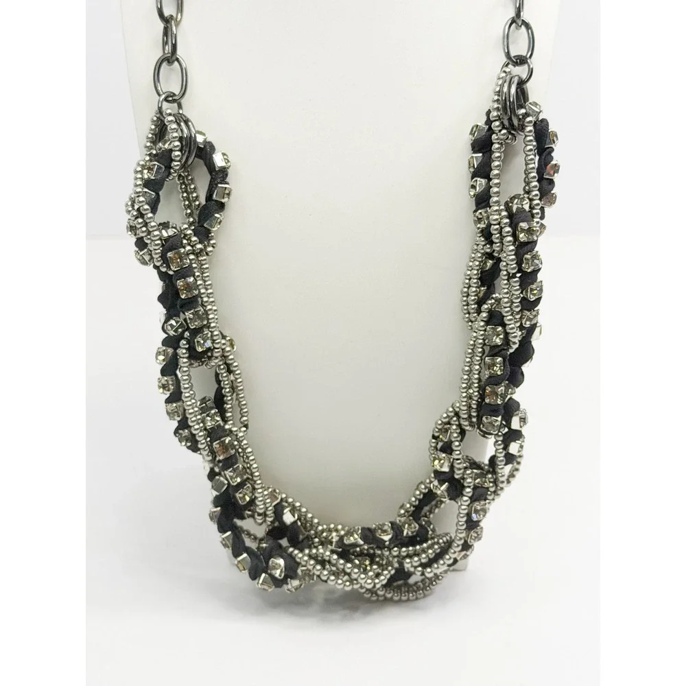 Banana Republic Gunmetal Black Braided Rhinestone Statement Bib Necklace Goth